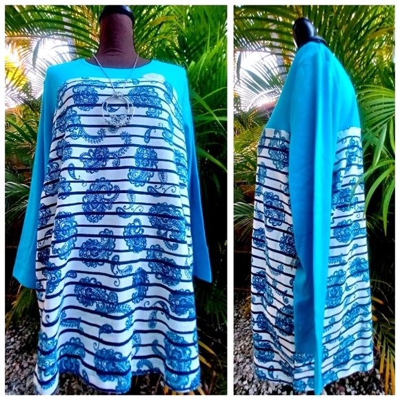 Kim Rodgers Tops - PAISLEY STRIPE TURQUOISE T SHIRT 3/4 Sleeve XXL NWT